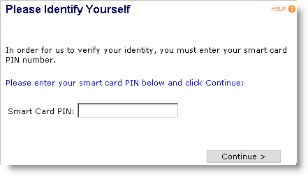 User portal login page with a field to enter your Smart Card PIN and a Continue button at the bottom of the screen